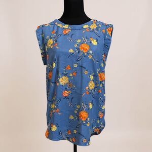 🌺 Alice Blue Oversized Sleeveless Blouse XS Blue Orange Print Work Casual Top